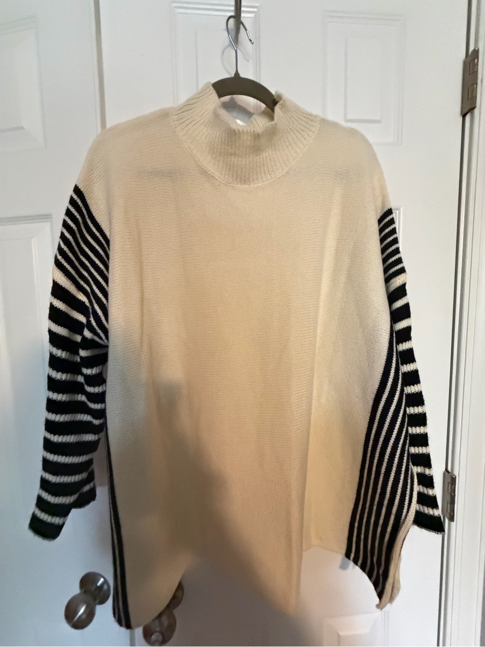 SHEIN Cream Turtleneck Sweater with Black Striped 3/4 Sleeves